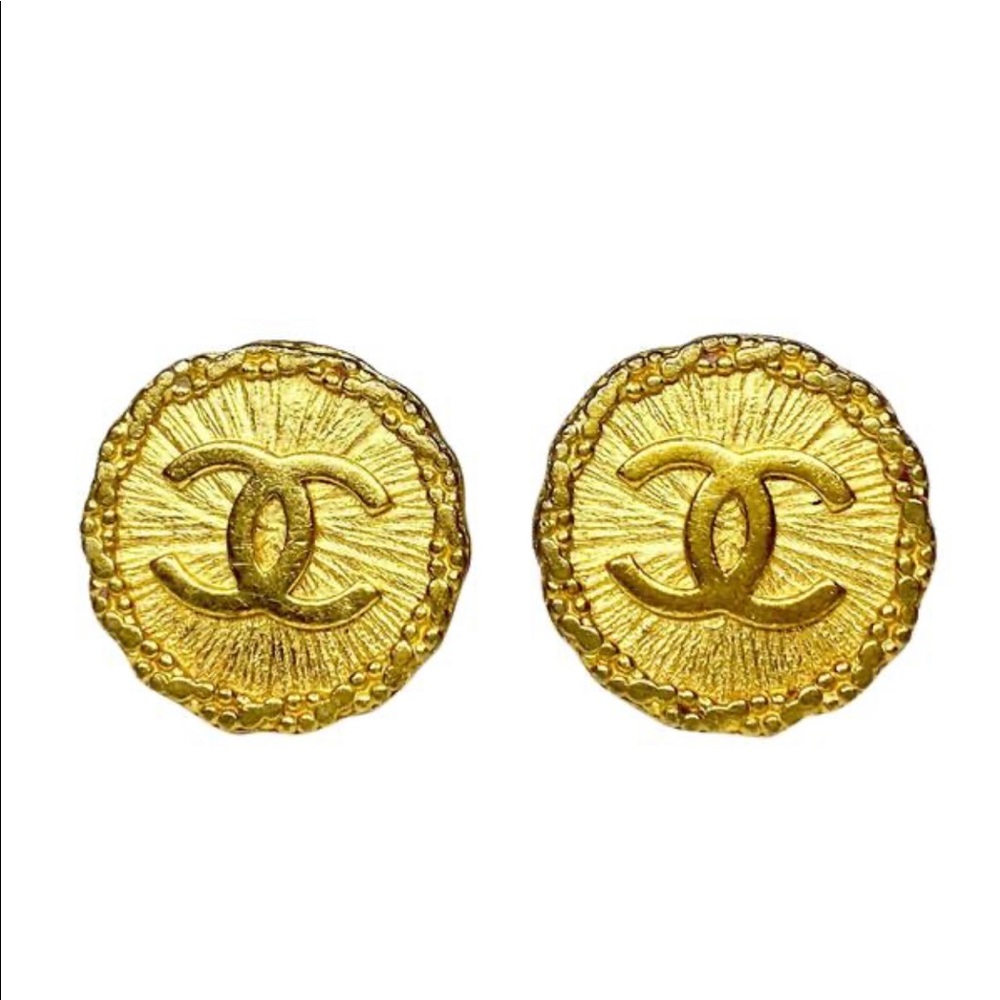Chanel Gold CC Logo Button Motif Earrings